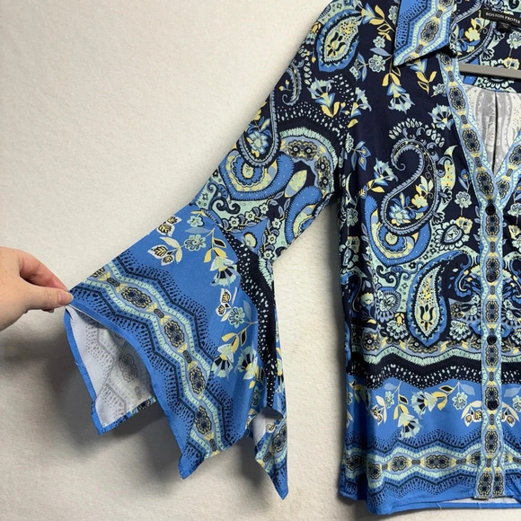 Boston Proper Border Print Flare Sleeve Shirt Xs Blue Collared Paisley Button - Picture 4 of 9